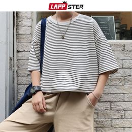 LAPPSTER Men Oversized Striped Tshirts Harajuku Cotton Tops Mens Colorful Yellow Tshirts Couple Streetwear T-shirts Tees 210225