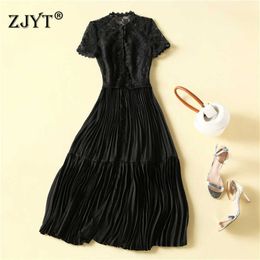 High Quality Summer Runway Fashion Short Sleeve Hollow Out Crochet Lace Patchwork Long Celebrity Party Dress Black Robe Vestidos 210601