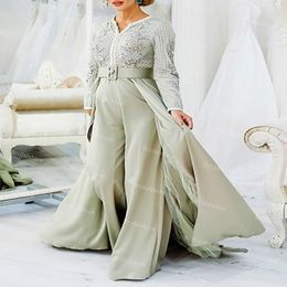 Luxury Green Muslim Dubai Evening Dress 2021 Moroccan Long Sleeve Jumpsuit Outfit Pant Prom Gown With Overskirt Train Abiti Da Cerimonia Robe De Soirée Mariée