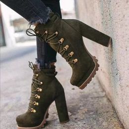 2022 Women Flock Rivet Square High Heels Ankle Boots Female Autumn Fashion Lace-Up Shoes Ladies Elegant Sexy Footwear Big Size