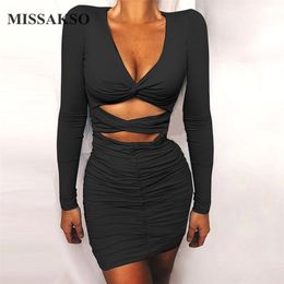 Missakso Sexy Hollow Out Midi Dress Club Long Sleeve Elegant Deep V Neck Party Backless Solid Ruched Women Autumn Bodycon Dress 210625