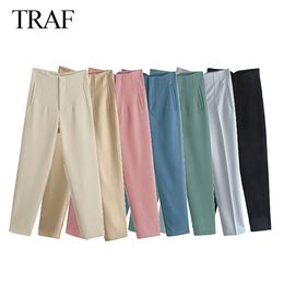 TRAF Womens Pants Za Fashion Chic With Seam Detail Office Wear Vintage High Waist Zipper Fly Loose Female Ankle Trousers 211112