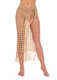Womens Sexy Sheer Hollow Out Beach Maxi Knit Skirt Split Tassels Beachwear Summer Crochet Cover Up Skirts Y0820
