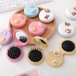 Girls Portable Mini Folding Massage Comb Airbag Round Travel Hair Brush With Mirror Cute Anti-static Rainbow Comb