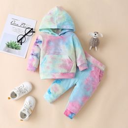 New Children's Sweater Tie-dye Two-piece Clothing Suit Boys Long Sleeve Autumn Hooded Kids Clothes Girls Outwear 210309