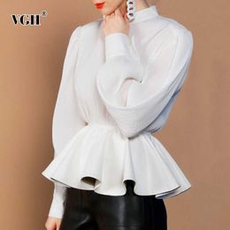 Temperament Patchwork Blouse For Women Stand Collar Long Sleeve High Waist Leather Ruffles Blouses Female Fashion Style 210531