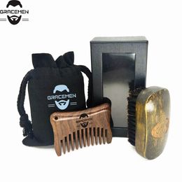 MOQ 100 Sets OEM Custom LOGO Mini Retro Hair Beard Moustache Grooming Suits Beards Brush and Wood Comb Portable Small Travel Kits