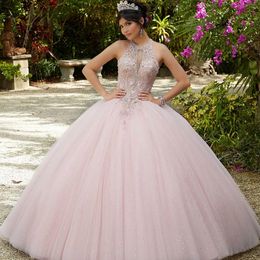 Light Pink Quinceanera Dresses 2022 Sleeveless Tulle Long Sweet 16 Ball Gown Halter Lace Beads Sequins Lace-Up Princess Brithday Party Prom Dress Vestidos De 15 Anos