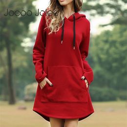 Jocoo Jolee Women Spring Solid Hoodies Casual Long Style Sweatshirt Casual Pocket Oversized Hoodie kpop Hoody Dress Pullover 201031