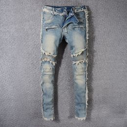 Men's Long Slim Jeans Ripped with Burrs Designer High Quality Washed Blue Demin Pants Streetwear jeans Trousers