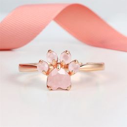LAMOON Sterling Silver 925 Jewellery Rings For Women Pink Paw Rose Quartz Ring Gold / White Platd Gemstones Jewellery 211217
