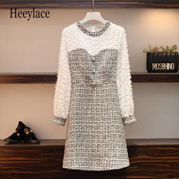 Basic Casual Dresses Plus Size 2019 Women Luxury Dress Autumn Fashion White Tassel Long Sleeve Patchwork Plaid Tweed Ladies A-line L-5xl Y1006