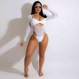 Sheer Mesh Summer Swimsuits Sexy Two Piece Shorts Sets For Women Fitness Long Sleeve Playsuits Bodysuits + Bra Tops Clubwear G220311