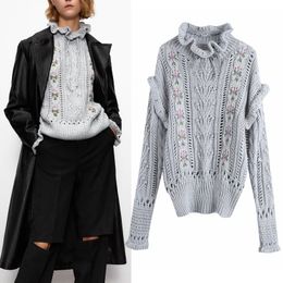 Za Grey Oversized Woman Sweaters Embroidery Pullover Knitted Sweater Women Autumn Winter Long Sleeve Ruffle Trim Sweater 210218