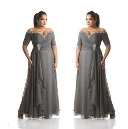 Grey Mother of the Bride Dresses Plus Size Off the Shoulder Cheap Chiffon Prom Party Gowns Long Mother Groom Dresses Wear Wedding Guest Dress