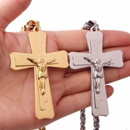 gold necklace for men flat Canada - Pendant Necklaces JESUS Gold Color Accessories Cross Stainless Steel Flat Byzantine Link Chain Men Women's Necklace Jewelry 6mm 18-30inch