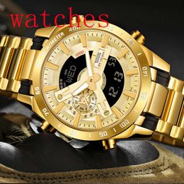 NEW Temeite Brand Gold Mens Quartz Watches Sport Digital Watch Men LED Dual Display Wristwatch Waterproof Luminous Relogio Masculino