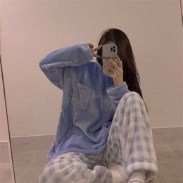 QWEEK Velvet Pajama Woman Winter Korean Style Plaid Pants Flannel Two Piece Home Clothes Pyjamas Trouser Suits Pijamas Sleepwear 211211