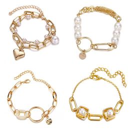 Link, Chain Heart Round Buckle Rose Flower Irregular Imitation Pearl Gold Bracelets For Women Girl Bracelet Bangle Party Jewelry