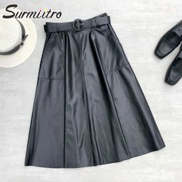 SURMIITRO Autumn Winter PU Leather Midi Long Skirt Women Korean Style Black Belt Mid-Length High Waist A Line Skirt Female 210712
