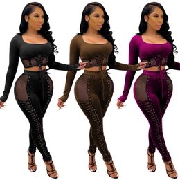 Zoctuo Mesh Patchwork Two Piece Set Fashion Women'S Set Outfit Autumn Winter New Sexy Bandage Perspective Night Club Party Suit Y0625