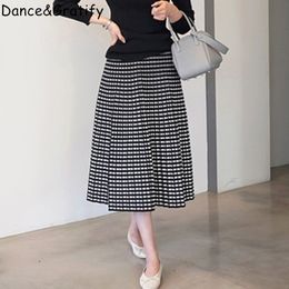 Winter Autumn Knit skirts Large size ladies' fat mm thick grid knitted skirts joker micro fat big tall waist long pleated skirt 210309