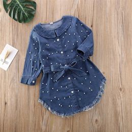 2020 Baby Spring Autumn Clothing Casual Toddler Kid Baby Girl Clothes Long Sleeve Dress Denim Dress With Pearl Q0716