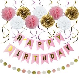 20Pcs/Set Birthday Party Decorations Happy Birthday Banner Hanging Swirl 4M Garland 9pcs 8 Inch Paper Flower Birthday Decor 210610
