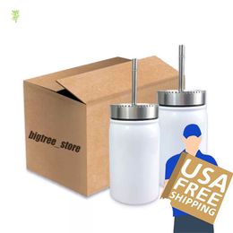 US warehouse 17oz white sublimation mason jar stainless steel tumbler double wall lid metal straw Coffee beer juice mug vacuum mason Cans