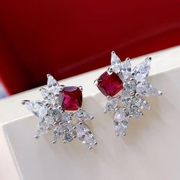 Stud Trendy Sterling Sier Flower Design Ruby Earrings for Women Fine Jewellery Gemstone Anniversary Party Gifts nice