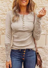 Lace Hollow Out Solid Woman Top Tee Buttons O-Neck Long Sleeve T Shirts for Women 2020 Fall New Casual Undershirt Female Tops Y0629