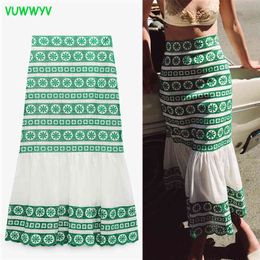VUWWYV Za Women Green Ruffle Skirt Embroidery Long Summer High Waisted Woman s Vintage Midi Pleated 210708
