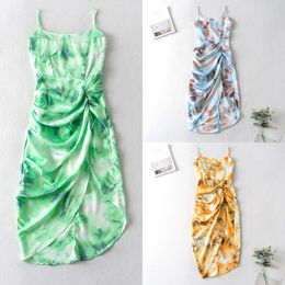 2020 Women Vintage Yellow Tie dye Flower print Spaghetti Strap Dress Hem Slim Waist Slit Irregular Long Dresses Sling Vestido X0629