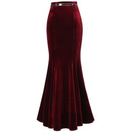 plus size 5XL! Autumn Vintage Velvet Black Maxi Long Mermaid Skirt Fashion Women Elegant Velour Skirts With Belt 210621