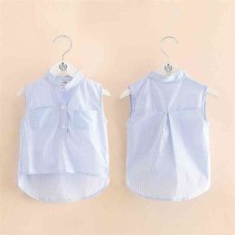 Summer Design 2-10 Years Birthday Gift Sweet Cute Blouse Stand Collar Sleeveless Baby Kids Girls Striped Shirt 210701