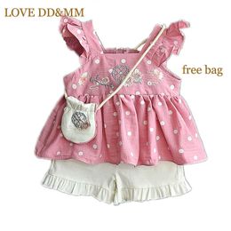 LOVE DD&MM Girls Sets Suspender Embroidery Bow Cotton Princess Tops + Shorts Suit Kids Clothing Free Bag 210715