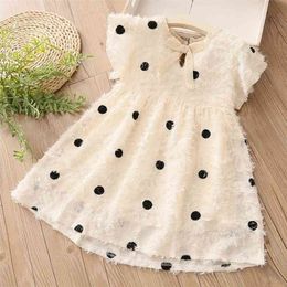 Summer Fashion European American Style Design 2 3 4 5 6 7 8 9 10 Years Kids Elegant Beige Bow Dot Dress For Baby Girls 210701