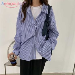 Aelegantmis Oversized Loose Striped Women Blouse Female Turn Down Collar Long Sleeve Blouses Ladies Shirts OL Style Casual Tops 210607