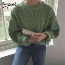 Syiwidii Autumn Winter Woman Sweaters Green Vintage Pullovers Long Sleeve O-Neck Knitted Harajuku Oversized Pink Jumpers 210812