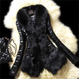 PU Leather Faux Fur Women Coat Casual Fluffy Coat Black Faux Fur Collar Jacket Coat 211019