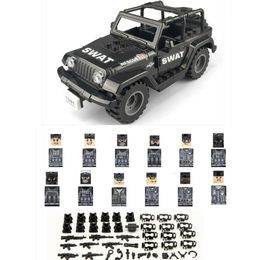 Black Car 12pcs Soldier SWAT Military Army Team Special Forces Building Blocks Bricks Figures Learning Toys for Boys Gift Set Q0624