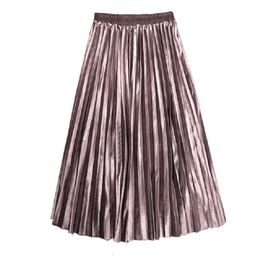 Women Velvet Pleated Maxi Long Skirt Elegent High Waist A Line Midi skirts Fashion Femme Party Skirt Autumn Winter 210309