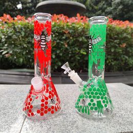 10" Glow In the Dark Green Red Bee Glass Water Pipe Bong Hookah 14mm Bowl Pipes Bongs