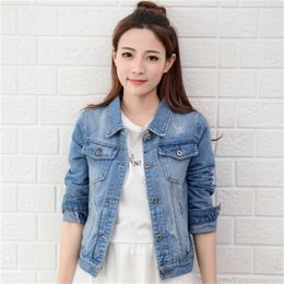 Fashion Jeans Jacket Women Spring 2XL XL Autumn Hand Brush Long Sleeve Stretch Short Denim Jacket White Pink Coats T200319