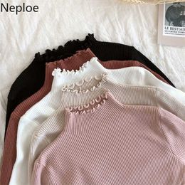 Neploe Fall Winter Ruffles Sweater Turtleneck Ruched Women Sweaters High Elastic Solid Female Slim Sexy Knitted Pullovers 211218