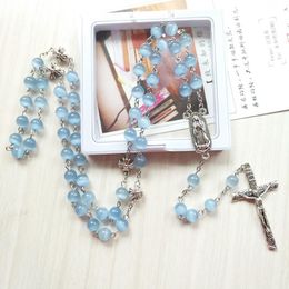 Pendant Necklaces Religious Crucifix Cross Our Lady Of Guadalupe Chaplet Blue Cat's Eye Opal Beads Chain Rosary Necklace Church Prayer Jewel