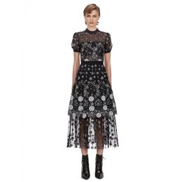 Self Portrait Vantage Dress Spring Summer Design Black Mesh Sequin Embroidered Midi O-Neck Short Sleeve For Women 210603