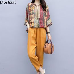 Summer Vintage Casual Two Piece Sets Women Printed Tops + Ankle-length Pants Outfits Fashion Female Plus Size 2 Pcs Suits