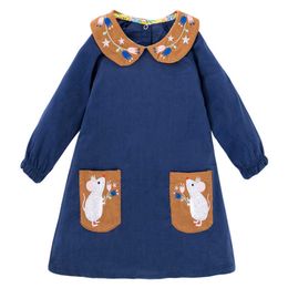 Jumping Metres Baby Embroidery Mouses Autumn Winter Girls Dresses Corduroy Collar Princess Long Sleeve Dress Toddler Clothes 210529