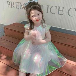 Princess Girls Fly Sleeve Dresses for Kids Girls Tutu Mesh Dress Summer Girls Shiny Sleeveless Beach Dress for Children Clothes G1218